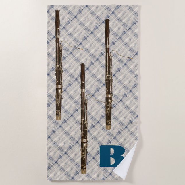 Bassoon Trio Blue White Plaid Custom Initial Beach Towel (Front)