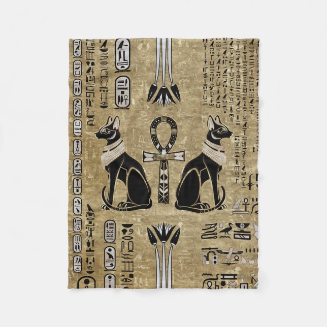 Bastet - Egyptian Cats And Ankh Cross Fleece Blanket (Front)