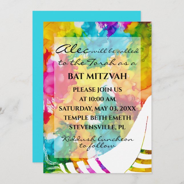 Bat Bar Mitzvah Splash of Colour Tallit Invitation (Front/Back)