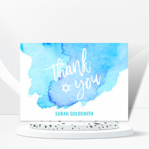 Bat Bar Mitzvah Watercolor Turquoise Blue Thank You Card