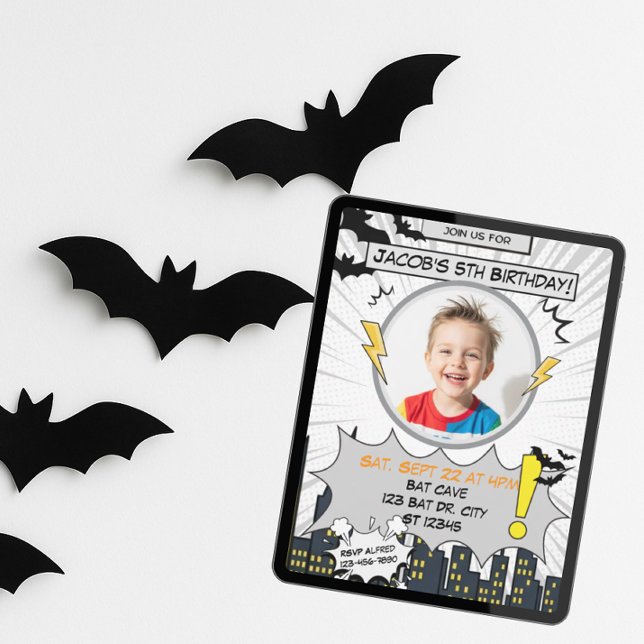 Bat Black and Grey Comic Birthday Invitation (Creator Uploaded)