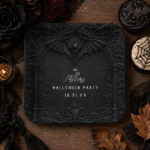 Bat Cocktails and Costumes Black Halloween Party Paper Plate