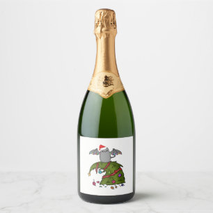Bat Dragon Cat with Santa Hat on Christmas Tree Sparkling Wine Label