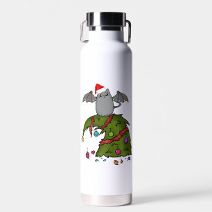 Bat Dragon Cat with Santa Hat on Christmas Tree Water Bottle