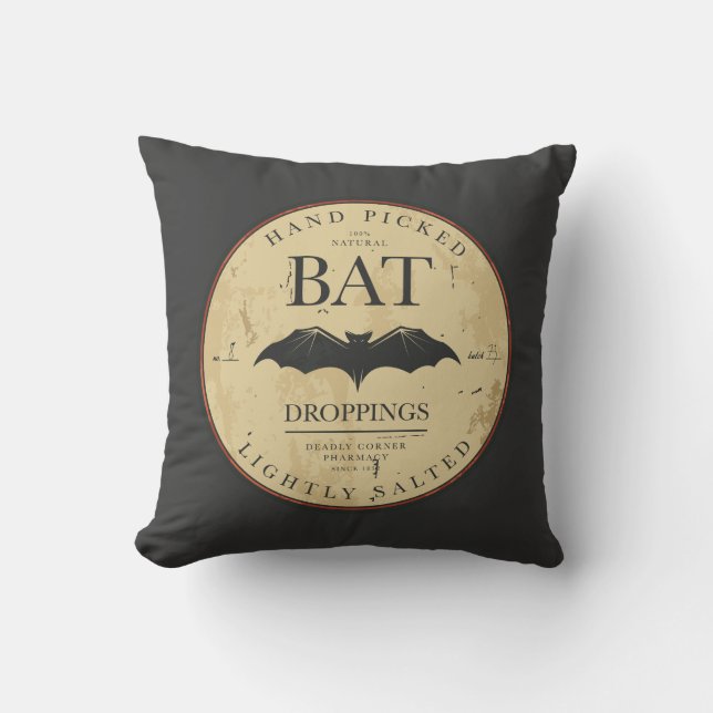 Bat Droppings Vintage Halloween Label Cushion (Front)