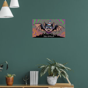 Bat flying above psychedelic city poster