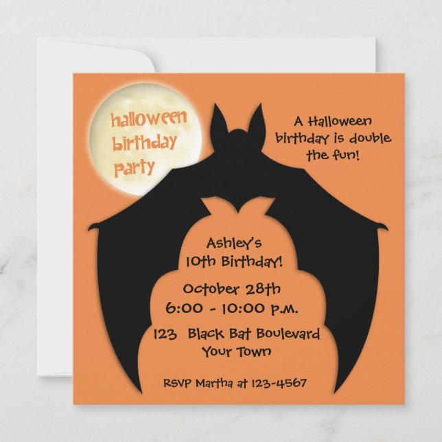 Bat, Full Moon, Halloween Birthday Invitation (Front)