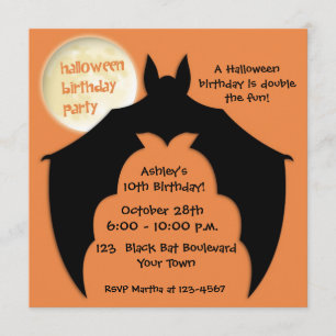 Bat, Full Moon, Halloween Birthday Invitation