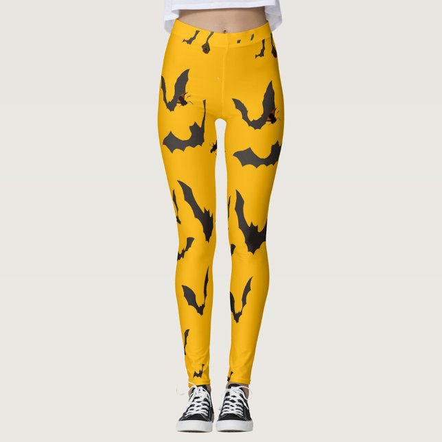 Bat Girl  Leggings (Need a Halloween Costume Black Bats, Orange Background, with Matching Tank Top!)