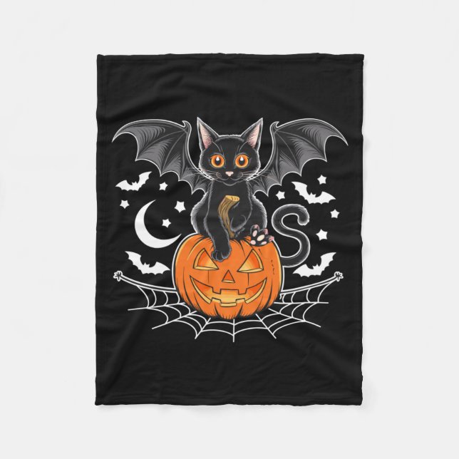 Bat Halloween _ Black Cat Bat Wings Spooky Cat Fleece Blanket (Front)