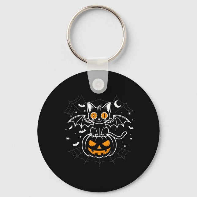 Bat Halloween _ Black Cat Bat Wings Spooky Cat Key Ring (Front)