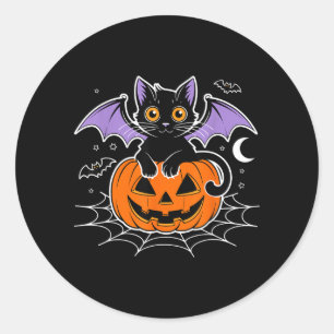 Bat Halloween _ Black Cat Bat Wings Spooky Cat Men Classic Round Sticker