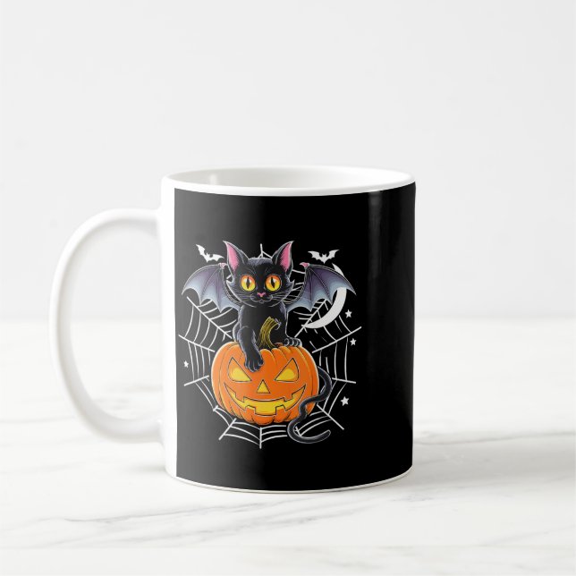 Bat Halloween _ Black Cat Bat Wings Spooky Cat Men Coffee Mug (Left)