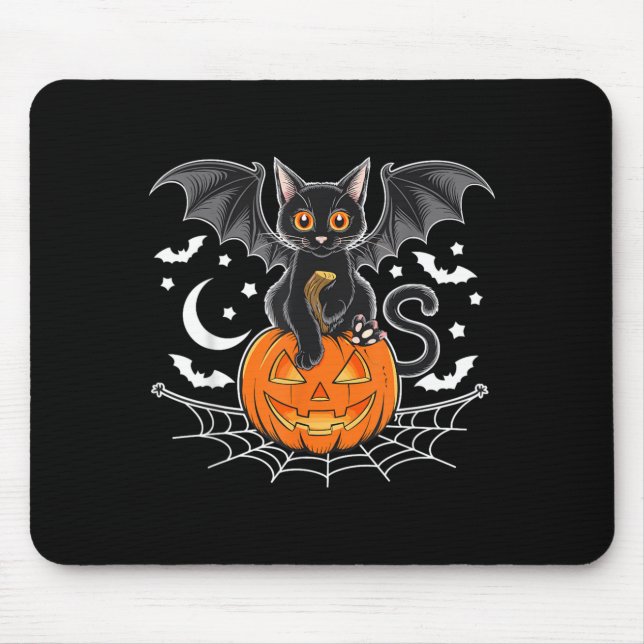 Bat Halloween _ Black Cat Bat Wings Spooky Cat Men Mouse Pad (Front)