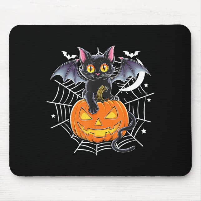 Bat Halloween _ Black Cat Bat Wings Spooky Cat Men Mouse Pad (Front)