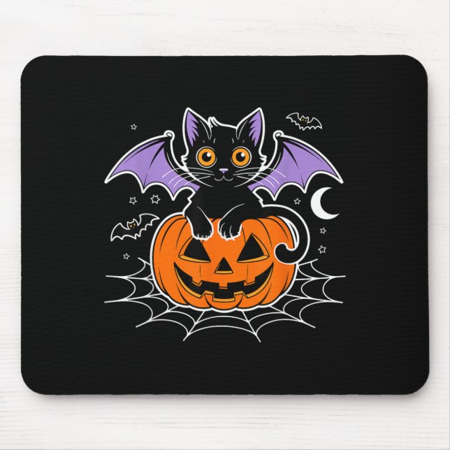 Bat Halloween _ Black Cat Bat Wings Spooky Cat Men Mouse Pad (Front)