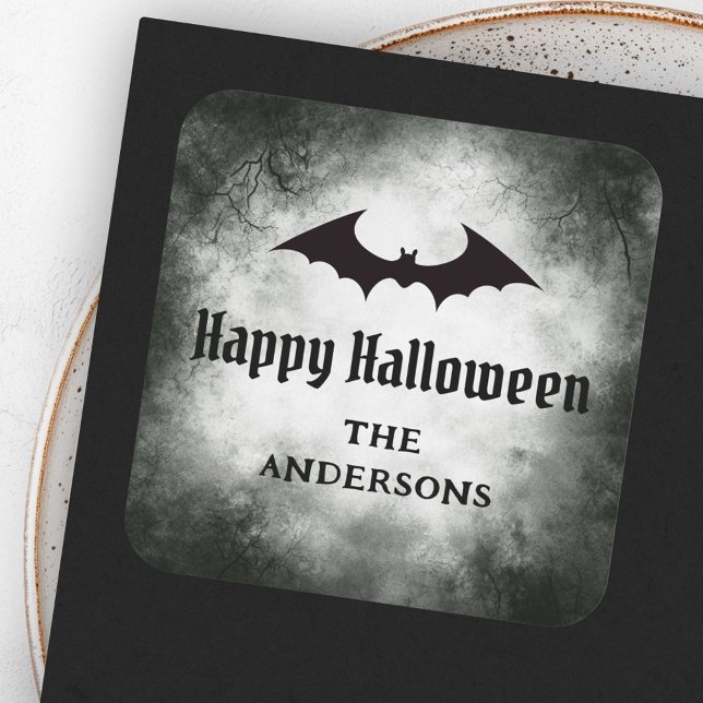 Bat Happy Halloween black grunge Square Sticker (Bat Happy Halloween black grunge Square Sticker)