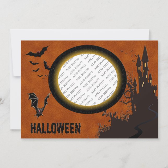 Bat, Haunted House Photo Frame and Orange Sky Invitation (Front)
