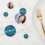 Bat Mitzvah 2 Photo Agate Turquoise Ombre Script Confetti<br><div class="desc">Add some extra style to your favourite Bat Mitzvah’s celebration party with this customisable table confetti! White script typography and Star of David overlay a deep turquoise teal blue ombre background with turquoise blue agate rocks accented with faux gold veins on one side. Your Bat Mitzvah’s photo is on the...</div>