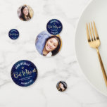 Bat Mitzvah 3 Photo Navy Blue Gold Glitter Script Confetti<br><div class="desc">Add some extra style to your favourite Bat Mitzvah’s celebration party with this customisable photo table confetti! Sparkly gold faux foil handwritten script, Star of David, tiny confetti glitter dots and bold white sans serif typography against a sophisticated, dramatic navy blue watercolor background on one side mix with your Bat...</div>