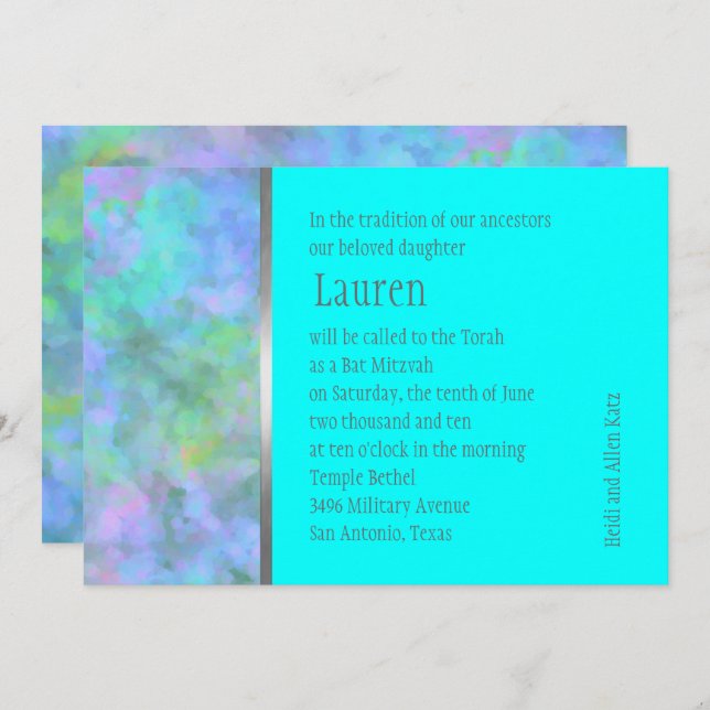 Bat Mitzvah Abstract Design in Turquoise Silver Invitation (Front/Back)