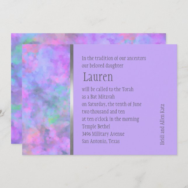 Bat Mitzvah Abstract Purple Pink Blue Silver Invitation (Front/Back)
