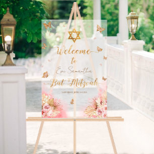 Bat Mitzvah Acrylic Welcome Sign Pink Butterflies