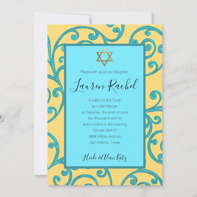 Bat Mitzvah Any Colour Aqua Scroll Design Invitation (Front)