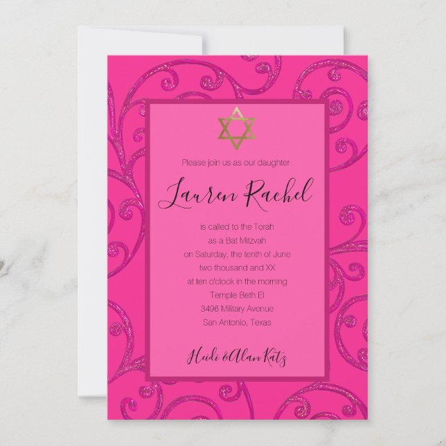 Bat Mitzvah Any Colour Pink Scroll Design Invitation (Front)