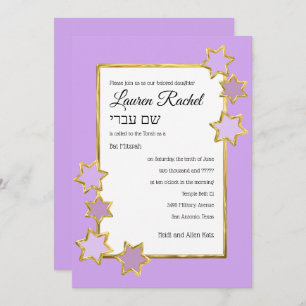 Bat Mitzvah Any Colour White Centre Gold Stars Invitation