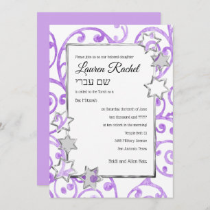 Bat Mitzvah Any Colour White Centre Silver Stars Invitation
