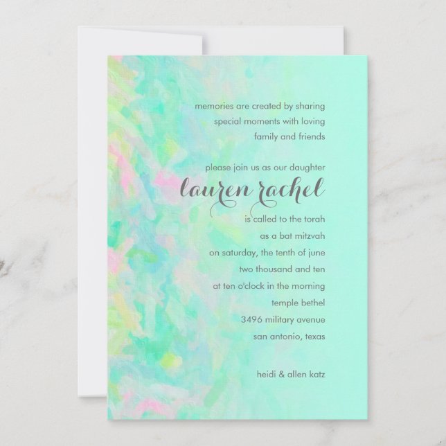 Bat Mitzvah Aqua and Pink Design Invitation (Front)