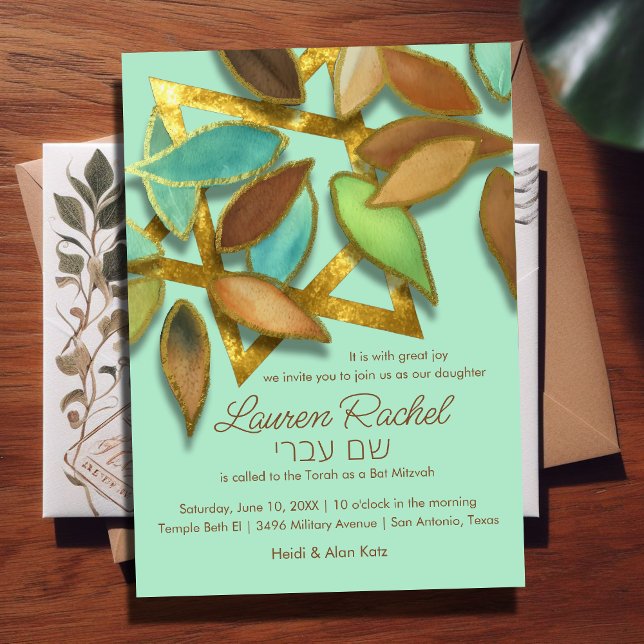 Bat Mitzvah Aqua Brown Watercolor Petals over Star Invitation (Creator Uploaded)