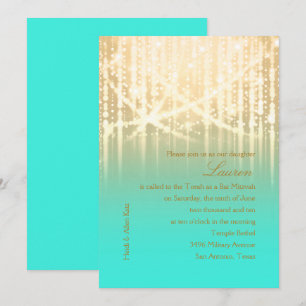 Bat Mitzvah Aqua Green and Gold Sparkly Lights Invitation