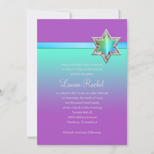 Bat Mitzvah Aqua Green Ombre Ribbon and Star Invitation (Front)