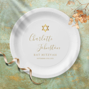  Bat Mitzvah, Bar Mitzvah Elegant Gold Script Paper Plate