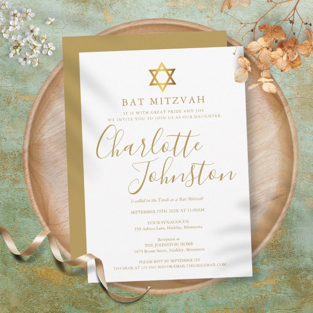 Bat Mitzvah, Bar Mitzvah Modern Gold Script Invitation (Bat Mitzvah, Bar Mitzvah Modern Gold Script Invitation)