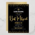 Bat Mitzvah Black Elegant Modern Script Real Gold<br><div class="desc">Be proud, rejoice and showcase this milestone of your favourite Bat Mitzvah! Send out this stunning, modern, sophisticated, personalised Hebrew name invitation for an event to remember. Graphic real gold foil calligraphy script, Star of David, and confetti dots, overlay a rich, dramatic, black background. A faux gold Star of David...</div>