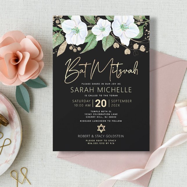Bat Mitzvah Black Gold Floral Watercolor Script Invitation (Creator Uploaded)