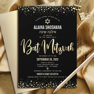 Bat Mitzvah Black Gold Foil Glitter Script Modern Invitation