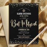 Bat Mitzvah Black Gold Foil Glitter Script Modern Invitation<br><div class="desc">Be proud, rejoice and showcase this milestone of your favourite Bat Mitzvah! Send out this stunning, modern, sophisticated, personalised Hebrew name invitation for an event to remember. Graphic faux gold foil calligraphy script, Star of David, and confetti, overlay a rich, dramatic, black background. A faux gold Star of David overlays...</div>