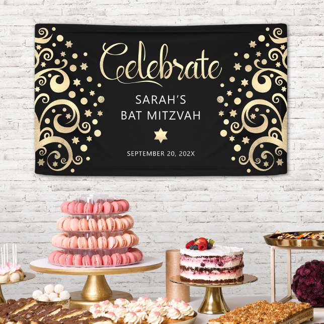 Bat Mitzvah Black Gold Foil Tree of Life Script  Banner (Creator Uploaded)