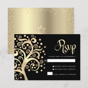 Bat Mitzvah Black Gold Foil Tree of Life Script RSVP Card