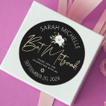 Bat Mitzvah Black Gold Script Floral Watercolor Classic Round Sticker<br><div class="desc">Be proud, rejoice and celebrate this milestone of your favourite Bat Mitzvah whenever you use this sophisticated, personalised sticker! A chic, stunning, white and gold glitter floral watercolor with faux gold foil script typography and Star of David, as well as white san serif type overlay a dramatic black background. Personalise...</div>