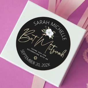 Bat Mitzvah Black Gold Script Floral Watercolor Classic Round Sticker