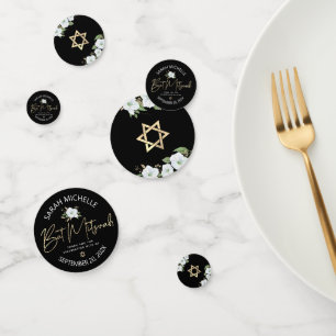 Bat Mitzvah Black Gold Script Floral Watercolor Confetti