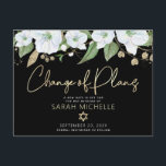 Bat Mitzvah Black Gold Script Floral Watercolor Invitation Postcard<br><div class="desc">Make sure all your friends and relatives will still be able to celebrate your daughter’s milestone Bat Mitzvah, regardless of current global unforeseen circumstances. Send out this chic, personalised “Change of Plans” announcement postcard. A chic, stunning, white and gold glitter floral watercolor with faux gold foil script typography and white...</div>