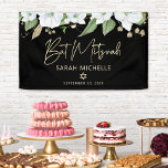 Bat Mitzvah Black Gold Script Watercolor Floral<br><div class="desc">Be proud, rejoice and showcase this milestone of your favourite Bat Mitzvah! Hang up this stunning, modern, stylish, personalised banner to add to her special day. A chic, stunning, white and gold glitter floral watercolor with faux gold foil script typography and gold san serif type overlays a dramatic black background....</div>