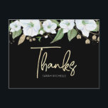 Bat Mitzvah Black Gold Script Watercolor Floral Postcard<br><div class="desc">Make sure your favourite Bat Mitzvah shows her appreciation to all who supported her milestone event! Send out this sophisticated, personalised thank you postcard! A chic, stunning, white and gold glitter floral watercolor with faux gold foil script typography and white san serif type overlays a dramatic black background. A gold...</div>