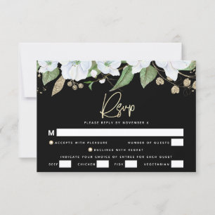 Bat Mitzvah Black Gold Script Watercolor Floral RSVP Card